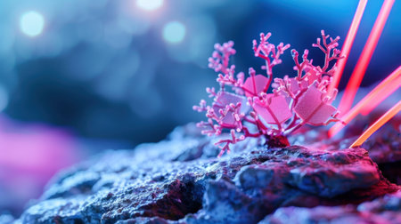 This captivating image showcases a vibrant micro landscape featuring colorful coral reefs on a textured rocky surface, illuminated by bright lighting effects.の素材