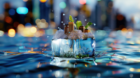 This image depicts a vibrant urban landscape emerging from water, symbolizing the intersection of sustainability and climate change awareness in modern cities.の素材