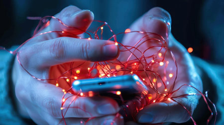 A close-up view of hands holding a smartphone tangled in bright red fairy lights, creating a cozy and festive atmosphere, perfect for the holiday season.の素材