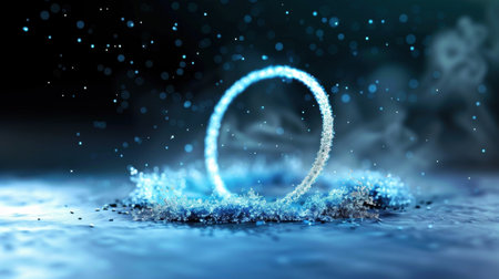 A mesmerizing water droplet creates a stunning splash, forming a shimmering blue circle on a serene surface, evoking tranquility and beauty.の素材