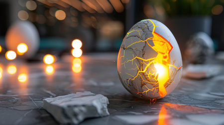 A creatively designed cracked egg emits a warm glow, resting on a sleek marble surface. The artistic composition captures the essence of spring or Easter celebrations.の素材