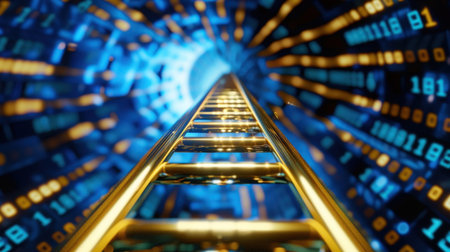This captivating image showcases a golden ladder ascending into a digital tunnel filled with vibrant blue and yellow light. The abstract design evokes themes of technology, exploration, and infinite possibilities.の素材