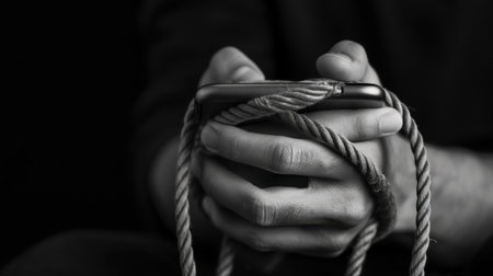 A close-up image of hands holding a smartphone, tightly bound with a rope, depicting themes of digital bondage, isolation, and the struggle with technology in everyday life.の素材
