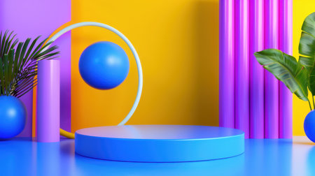 A vibrant scene featuring colorful geometric shapes, a blue circular stage, and lush plant elements against a bright backdrop, ideal for creative projects.の素材