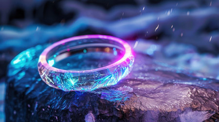 A captivating transparent ring illuminated by vibrant colors sits atop a textured stone surface, creating an enchanting visual display with artistic flair.の素材