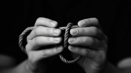 This monochrome image features hands skillfully holding a loop of twine, highlighting texture and intricate detail against a stark black backdrop.の素材