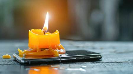 A vibrant orange candle sits atop a smartphone, creating an interesting fusion of modern technology and warm, inviting ambiance with melting wax.の素材