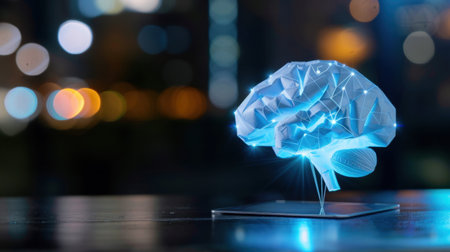 This image showcases a futuristic 3D model of a brain adorned with digital connections, set against a vibrant bokeh background, symbolizing innovation.の素材