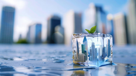 A captivating image of an ice cube enclosing a miniature cityscape, topped with a fresh mint leaf, evokes a sense of urban coolness and creativity.の素材