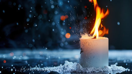 A striking image of a lit white candle with vibrant flames, surrounded by sparkling ice crystals, creating a captivating contrast against a dark backdrop.の素材