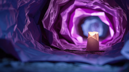 A serene candle glows softly at the center of a colorful paper tunnel, creating a mystical ambiance that invites contemplation and tranquility.の素材