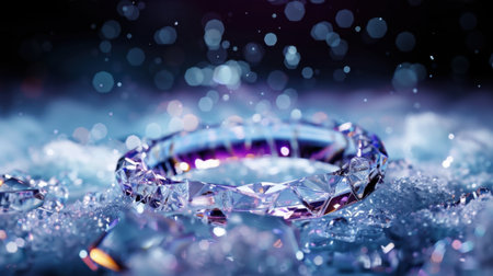 A captivating image of an elegant diamond ring resting amidst vibrant crystalline shards, illuminated by a shimmering bokeh backdrop, showcasing luxury and beauty.の素材
