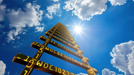 This image showcases a towering structure of golden numbers stretching upwards towards a vibrant blue sky filled with fluffy white clouds, embodying the essence of digital innovation and aspiration.の素材