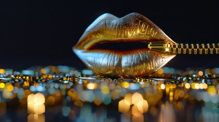 This striking image features a pair of golden lips delicately zipped open, set against a backdrop of radiant circular lights. The artistic design highlights beauty and glamour, evoking intrigue and elegance.の素材