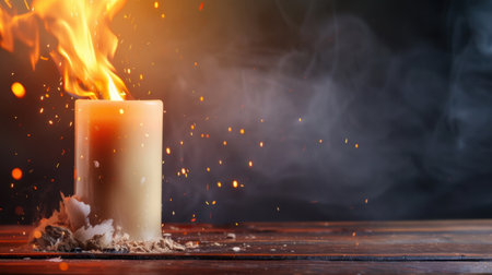 A vibrant candle flickers with a bright flame, sending sparks into the air amid swirling smoke. This image captures warmth and cozy ambiance.の素材