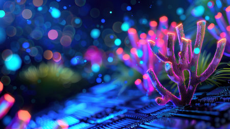 A mesmerizing underwater scene that showcases vibrant corals amidst a blur of colorful bokeh effects, creating a dreamlike atmosphere in nature.の素材