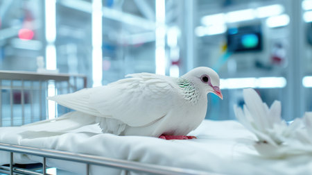 A graceful white dove rests on a soft fabric, showcasing its delicate feathers and serene demeanor against a modern, bright background. This tranquil scene captures the beauty of nature and calmness.の素材