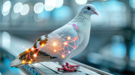 A captivating image of a white pigeon showcasing bioengineering elements, set in a vibrant urban environment with a soft-focused background.の素材