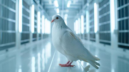 A stunning image of a white dove standing gracefully in a contemporary indoor environment, illuminated by soft, calming lighting that enhances the serene atmosphere.の素材