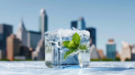 This image features a clear ice cube with a vibrant green mint leaf inside, set against an urban city skyline. It captures the essence of summer refreshment, perfect for beverage promotions.の素材