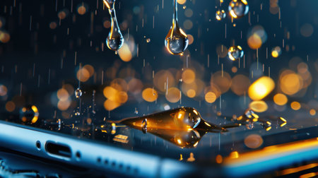 Artistic close-up of a smartphone with glistening water droplets on its surface, surrounded by a beautiful bokeh background creating a vibrant atmosphere.の素材