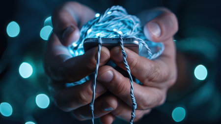 A captivating close-up image featuring a smartphone surrounded by bright string lights, captured in a cozy ambiance with a soft bokeh background, evoking warmth and creativity.の素材