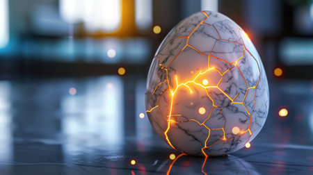 This striking image features a glossy marble egg with illuminated cracks, resting on a smooth surface in a contemporary interior, creating a captivating visual effect.の素材