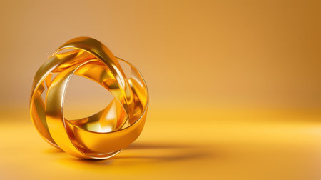 A captivating abstract sculpture featuring intertwined golden curves against a warm yellow backdrop, ideal for artistic projects and modern decor enhancements.の素材