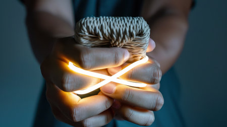 A visually captivating image showing hands grasping a phone with glowing light cords, set against a dark background, symbolizing modern technology and creativity.の素材