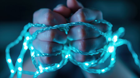 A close-up view of hands gripping bright LED lights, showcasing the contrast of light and shadow. The vibrant blue glow adds a magical and artistic touch to the scene.の素材