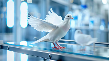 A stunning white bird gracefully spreads its wings inside a modern, softly lit environment, capturing the essence of elegance and tranquility. The serene ambiance highlights the beauty of nature and freedom.の素材