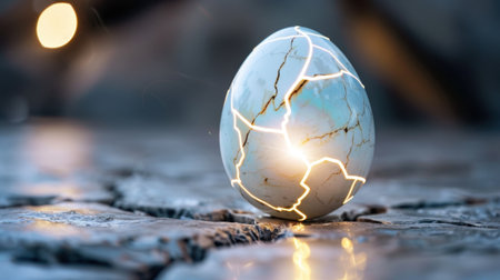 A visually striking image of a cracked blue egg emanating a soft glowing light against a dark, textured background, evoking themes of new beginnings and transformation.の素材