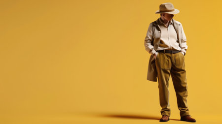 A fashionable individual stands confidently against a vibrant yellow backdrop, showcasing a stylish outfit that balances elegance and comfort, creating a powerful visual.の素材