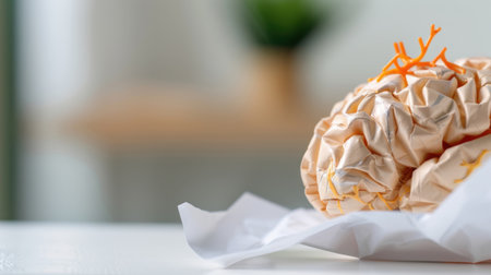 This image features a unique crumpled paper brain model resting on a white surface. The soft green background enhances the creative and thoughtful atmosphere, symbolizing imagination and innovation.の素材