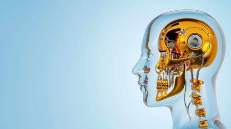 A transparent robotic head reveals intricate gears and circuits, symbolizing the fusion of technology and design. Perfect for innovation themes and futuristic concepts.の素材