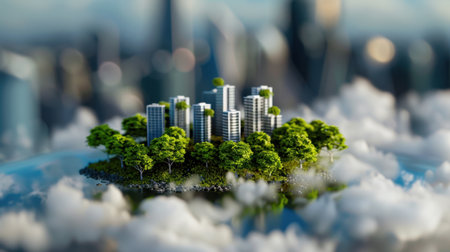 This conceptual image showcases a futuristic urban environment with modern buildings surrounded by lush green trees, set on a floating island amidst soft clouds.の素材