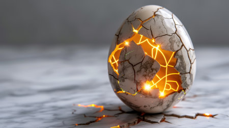 A captivating image of a cracked egg revealing a warm glow from within, set against a smooth marble surface. This artwork symbolizes new beginnings and creativity.の素材