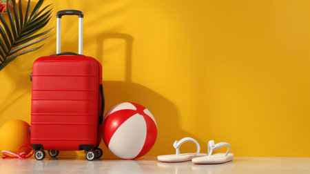 This vibrant image showcases summer vacation essentials, featuring a red suitcase, a beach ball, and flip flops, set against a bright yellow background.の素材