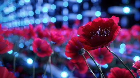 A captivating image of vivid red poppies set against a backdrop of soft blue lights, creating an enchanting and serene atmosphere in a floral landscape.の素材