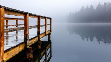 A tranquil wooden pier extends into a mist-covered lake, surrounded by evergreen trees. The fog creates a serene and peaceful atmosphere, inviting reflection.の素材