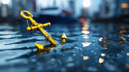 A captivating image of a golden anchor emerging from calm water, reflecting urban lights in the background, showcasing serenity and maritime beauty.の素材