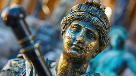 Captivating bronze statue of a Greek goddess exhibiting intricate details and expressive features, surrounded by other classical sculptures in an outdoor setting.の素材