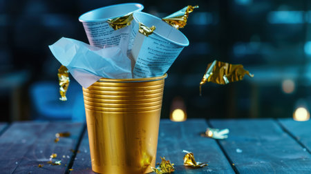 A vibrant golden trash bin overflows with crumpled papers and shiny foil, creating an artistic and contemporary urban atmosphere, perfect for modern decor.の素材