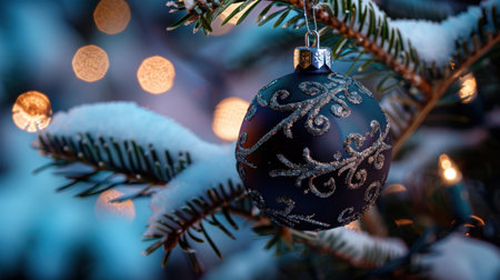 A stunning close-up of a beautifully designed Christmas ornament hanging from a snow-dusted evergreen branch, with a blurred bokeh effect of soft lights creating a festive atmosphere.の素材
