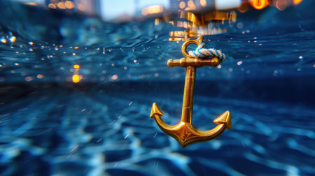 A stunning underwater view featuring a golden anchor amidst blue water and rippling reflections. The scene captures the tranquility of a swimming pool environment, perfect for summer themes.の素材