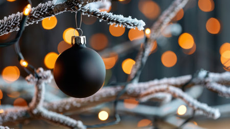 An elegant black Christmas ornament hangs beautifully from a frosted tree branch, surrounded by a soft glow of lights in a winter ambiance.の素材