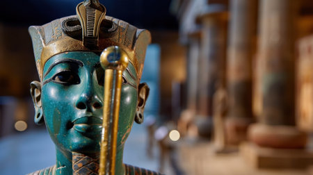 This captivating bust of an ancient Egyptian pharaoh showcases intricate details and vibrant colors, reflecting the magnificence of Egyptian artistry.の素材