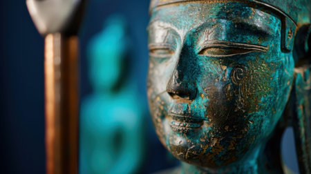 Captivating close-up of an ancient bronze statue showcasing intricate craftsmanship and historical significance. Ideal for art enthusiasts and history.の素材