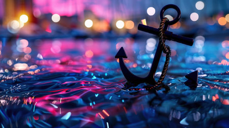 A striking black anchor drifts gracefully in vivid shimmering water. Colorful reflections create a magical nighttime ambiance over the tranquil surface.の素材