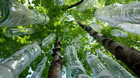 View from below showcasing clear glass bottles hanging from trees amidst vibrant green leaves, creating a striking visual of art and nature harmony.の素材